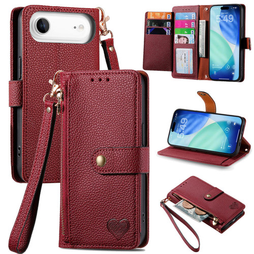 iPhone Air Love Zipper Lanyard Leather Phone Case - Red