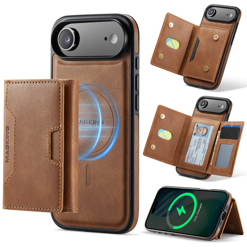 iPhone Air MAGKING K4 Series MagSafe RFID Tri-fold Card Bag Detachable Phone Case - Brown