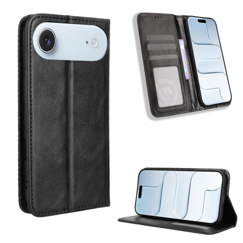 iPhone Air Magnetic Buckle Retro Texture Leather Phone Case - Black