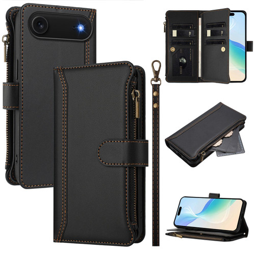iPhone Air Magnetic Closure 9 Card Slots Zipper Leather Case with Hand Strap - Black