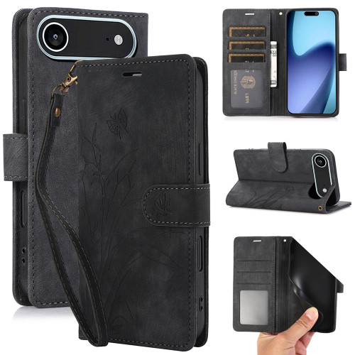 iPhone Air Orchid Butterfly Embossed Leather Phone Case - Black
