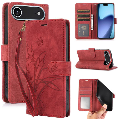 iPhone Air Orchid Butterfly Embossed Leather Phone Case - Red