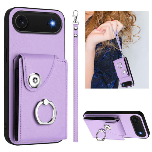 iPhone Air Organ Card Bag Ring Holder PU Phone Case with Lanyard - Purple