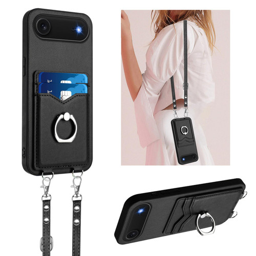 iPhone Air R20 Crossbody Rope Ring Card Holder Phone Case - Black