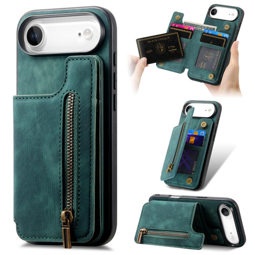 iPhone Air Retro Leather Zipper Wallet Back Phone Case - Green