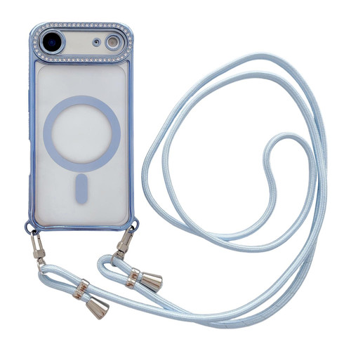 iPhone Air Rhinestone Clear Acrylic Electroplated Magnetic Phone Case with Neck Lanyard - Blue