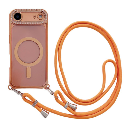 iPhone Air Rhinestone Clear Acrylic Electroplated Magnetic Phone Case with Neck Lanyard - Orange