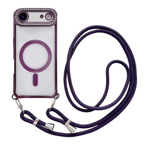 iPhone Air Rhinestone Clear Acrylic Electroplated Magnetic Phone Case with Neck Lanyard - Purple