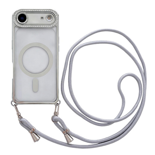 iPhone Air Rhinestone Clear Acrylic Electroplated Magnetic Phone Case with Neck Lanyard - Silver