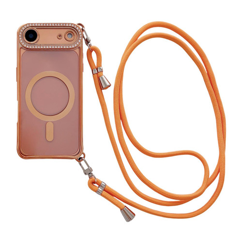 iPhone Air Rhinestone Clear Acrylic Electroplated Magnetic Phone Case with Right-Side Crossbody Lanyard - Orange