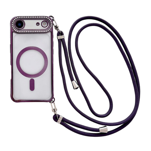 iPhone Air Rhinestone Clear Acrylic Electroplated Magnetic Phone Case with Right-Side Crossbody Lanyard - Purple