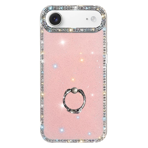 iPhone Air Rhinestone Ring Holder Dual-side IMD PC Hybrid TPU Phone Case - Glitter Light Pink