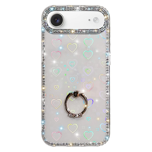 iPhone Air Rhinestone Ring Holder Dual-side IMD PC Hybrid TPU Phone Case - Heart Transparent