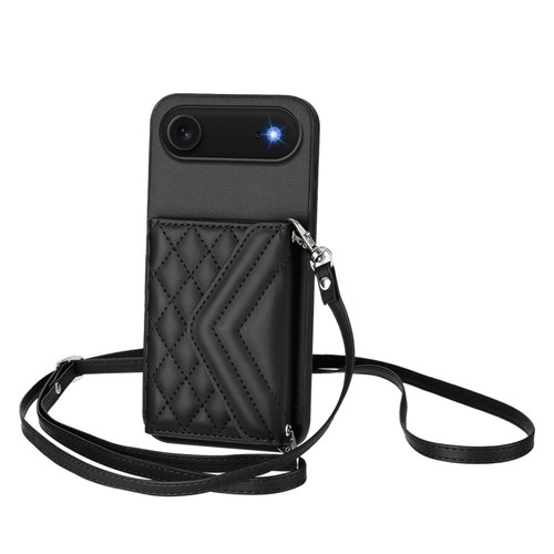 iPhone Air Rhombic Texture Card Bag RFID Phone Case with Long Lanyard - Black