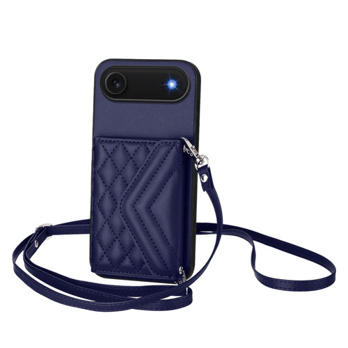 iPhone Air Rhombic Texture Card Bag RFID Phone Case with Long Lanyard - Blue