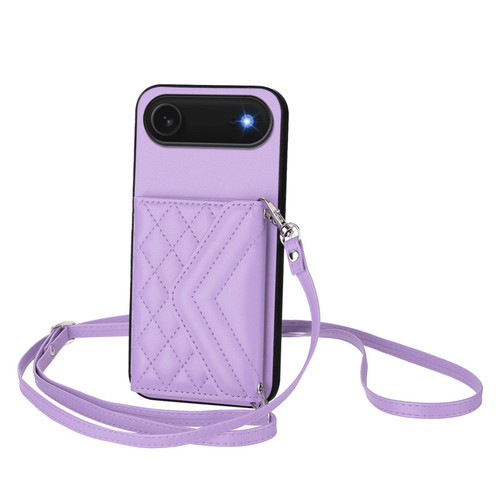 iPhone Air Rhombic Texture Card Bag RFID Phone Case with Long Lanyard - Light Purple