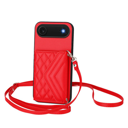 iPhone Air Rhombic Texture Card Bag RFID Phone Case with Long Lanyard - Red
