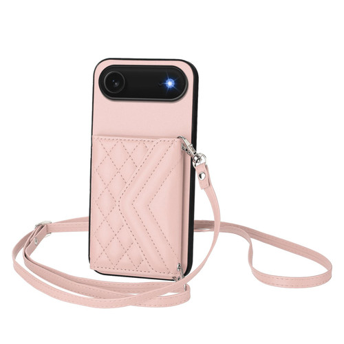 iPhone Air Rhombic Texture Card Bag RFID Phone Case with Long Lanyard - Rose Gold