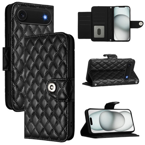 iPhone Air Rhombic Texture Flip Leather Phone Case with Lanyard - Black