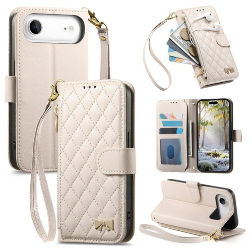 iPhone Air Rhombic Texture Zipper Wallet Metal Bow-knot Vegan Leather Phone Case with Strap - Beige
