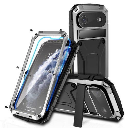 iPhone Air R-JUST Metal + Silicone + Tempered Glass Life Waterproof Phone Case with Holder - Silver
