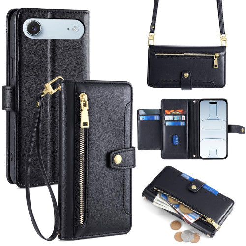 iPhone Air Sheep Texture Cross-body Zipper Wallet Leather Phone Case - Black