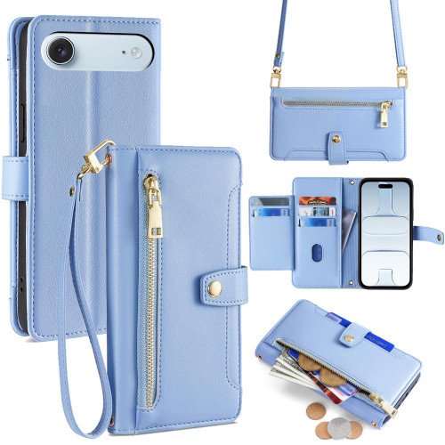 iPhone Air Sheep Texture Cross-body Zipper Wallet Leather Phone Case - Blue