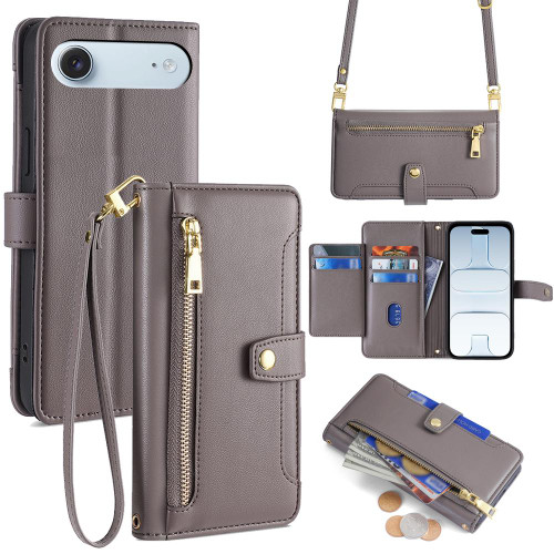 iPhone Air Sheep Texture Cross-body Zipper Wallet Leather Phone Case - Grey