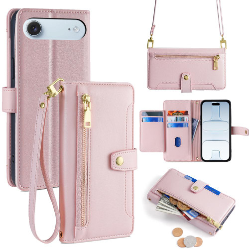 iPhone Air Sheep Texture Cross-body Zipper Wallet Leather Phone Case - Pink