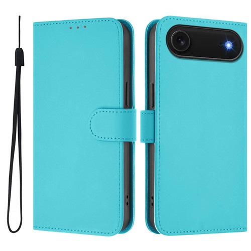 iPhone Air Skin Feel Solid Color Leather Phone Case with Lanyard - Lake Blue