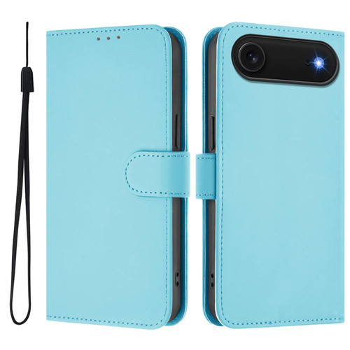 iPhone Air Skin Feel Solid Color Leather Phone Case with Lanyard - Sky Blue