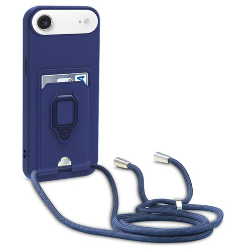 iPhone Air Sliding Camshield Magnetic Card Holder Silicone Phone Case with Lanyard - Navy Blue