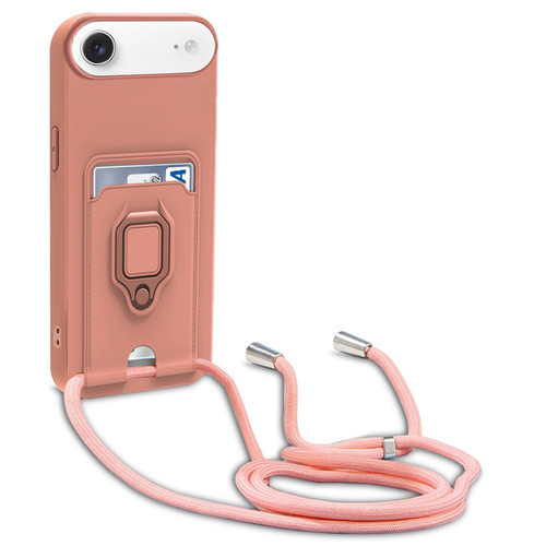 iPhone Air Sliding Camshield Magnetic Card Holder Silicone Phone Case with Lanyard - Pink