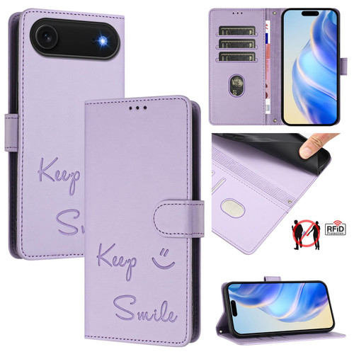 iPhone Air Smile Embossing RFID Leather Phone Case - Light Purple