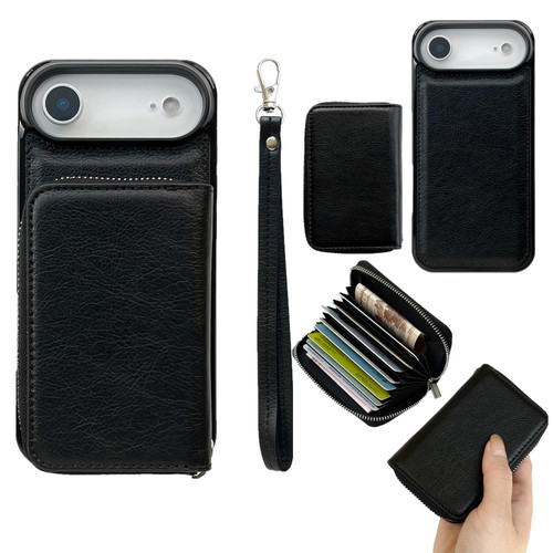 iPhone Air Solid Color Zipper 11-Card Slots Bag Phone Case with Lanyard - Black