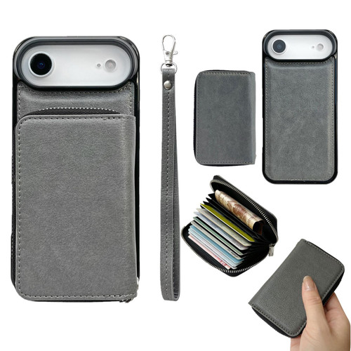 iPhone Air Solid Color Zipper 11-Card Slots Bag Phone Case with Lanyard - Grey