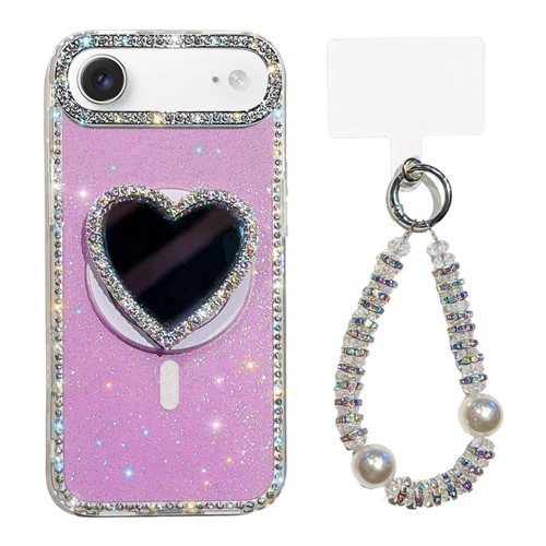 iPhone Air Sparkling IMD Heart-Shaped Mirror Magnetic Phone Case with Bracelet - Glitter Light Purple
