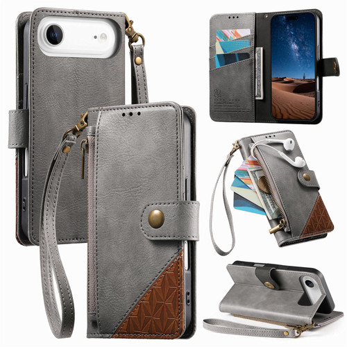 iPhone Air Splicing Zipper Wallet Vegan Leather Phone Case with Strap - Gray