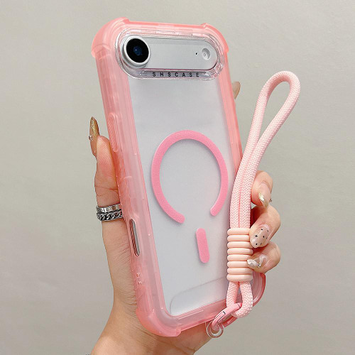 iPhone Air Transparent Matte TPU Hybrid PC 3-in-1 MagSafe Phone Case with Wrist Strap - Pink