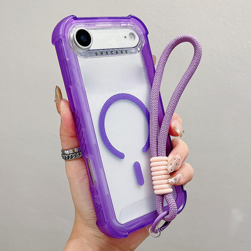 iPhone Air Transparent Matte TPU Hybrid PC 3-in-1 MagSafe Phone Case with Wrist Strap - Purple