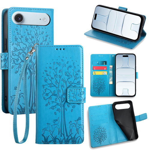 iPhone Air Tree & Deer Embossed Leather Phone Case - Blue