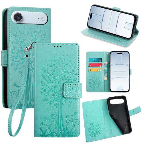 iPhone Air Tree & Deer Embossed Leather Phone Case - Green