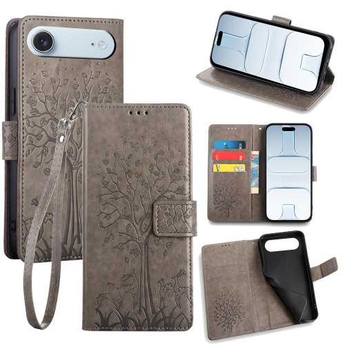 iPhone Air Tree & Deer Embossed Leather Phone Case - Grey