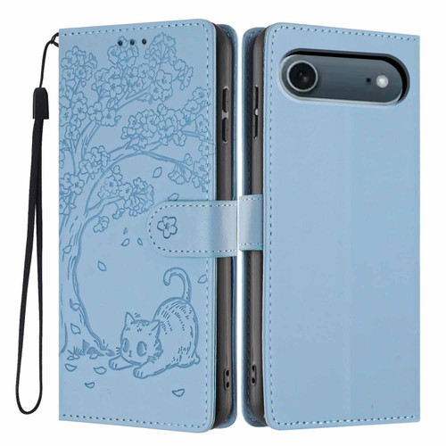 iPhone Air Tree Cat Embossed Flip Vegan Leather Phone Case - Sky Blue