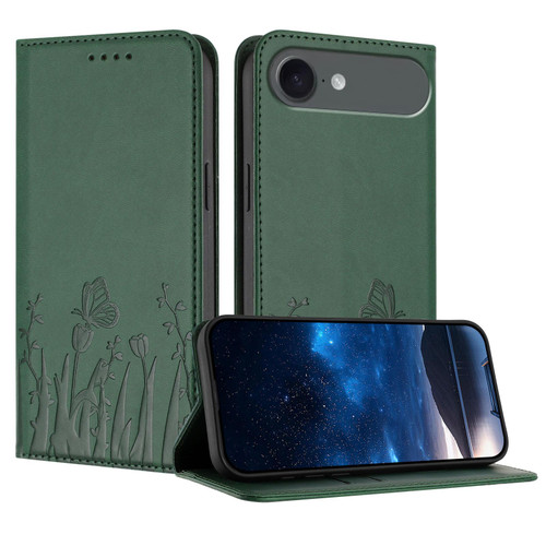 iPhone Air Tulips Butterfly Pattern Magnetic Vegan Leather Phone Case - Dark Green