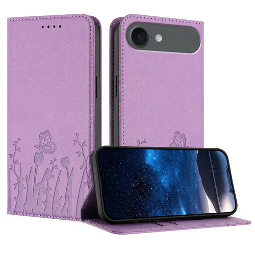 iPhone Air Tulips Butterfly Pattern Magnetic Vegan Leather Phone Case - Light Purple