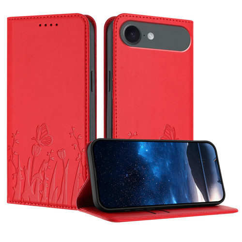iPhone Air Tulips Butterfly Pattern Magnetic Vegan Leather Phone Case - Red