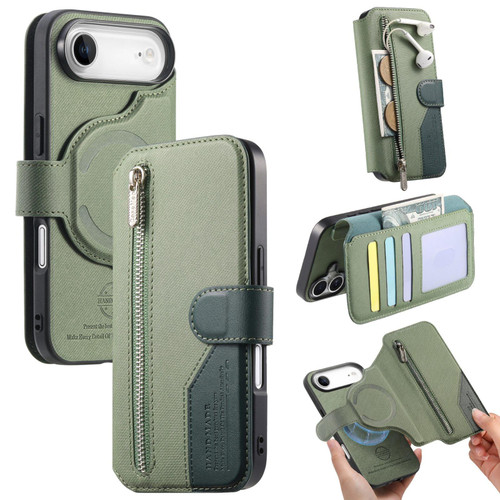 iPhone Air Twill Fabric MagSafe RFID Anti-theft Zipper Wallet Leather Phone Case - Green