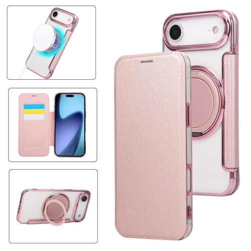iPhone Air Ultra-thin Rotation Holder Magnetic Plating Vegan Leather Phone Case - Rose Gold