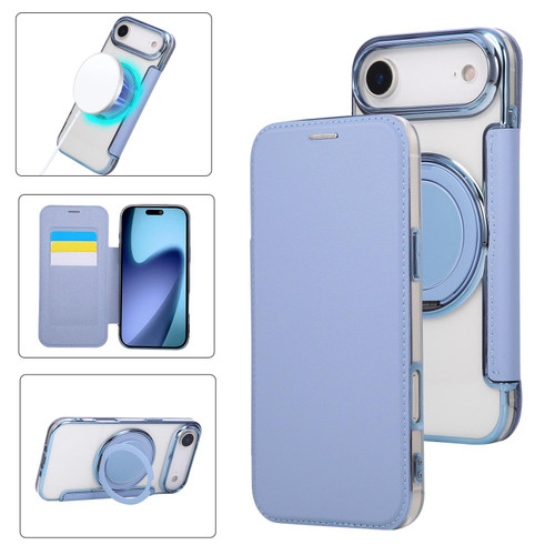 iPhone Air Ultra-thin Rotation Holder Magnetic Plating Vegan Leather Phone Case - Sierra Blue